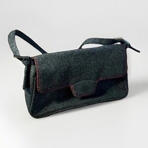 Vintage Liz Claiborne Villager Wool Felt Baguette‎ Shoulder Bag Gray Red Stitch